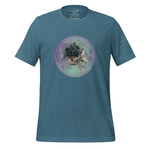 unisex heather deep teal t-shirt, with image design: side profile of a skull wearing a crown/hat of black roses, red berries, thorny vines and leaves, with a blue-purple moon behind it. Front View.