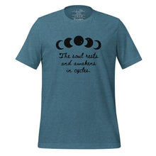 Load image into Gallery viewer, unisex heather deep teal t-shirt, with image of black celestial moon phases, with star cut outs, and image phrase &quot;The soul rests and awakens in cycles.&quot; Front view.
