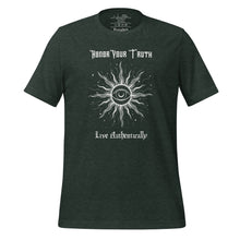 Load image into Gallery viewer, Unisex heather forest green t-shirt with Image Design: Text &quot;Honor your truth, Live authentically,&quot; with center image of sun, eye in center of sun, moon in the eye&#39;s iris, stars all around.
