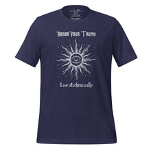 Load image into Gallery viewer, Unisex heather midnight navy blue t-shirt with Image Design: Text &quot;Honor your truth, Live authentically,&quot; with center image of sun, eye in center of sun, moon in the eye&#39;s iris, stars all around.
