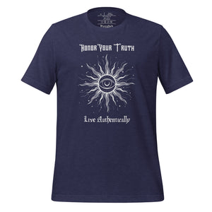 Unisex heather midnight navy blue t-shirt with Image Design: Text "Honor your truth, Live authentically," with center image of sun, eye in center of sun, moon in the eye's iris, stars all around.