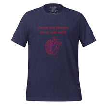 Load image into Gallery viewer, unisex heather midnight navy blue t-shirt, with image design: red half brain, half heart. Image phrase: Red text - Change your thoughts, change your world. Front view.
