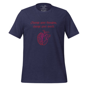 unisex heather midnight navy blue t-shirt, with image design: red half brain, half heart. Image phrase: Red text - Change your thoughts, change your world. Front view.