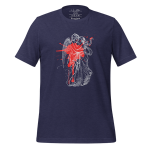 unisex heather midnight navy blue t-shirt, with image design of an angel kissing a woman, with a red paint splat seen through their outlines. Front view.