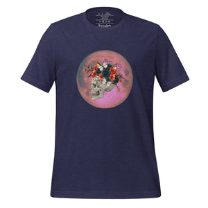 unisex heather midnight navy blue t-shirt, with image design: side profile of a skull wearing a crown/hat of black roses, red poppies, thorny vines, and white butterflies, with a pink-red moon behind it. Front View.