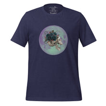 Load image into Gallery viewer, unisex heather midnight navy blue t-shirt, with image design: side profile of a skull wearing a crown/hat of black roses, red berries, thorny vines and leaves, with a blue-purple moon behind it. Front View.
