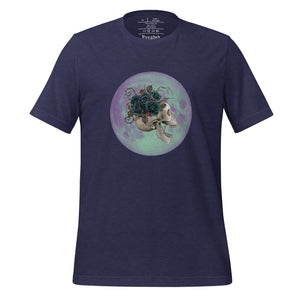 unisex heather midnight navy blue t-shirt, with image design: side profile of a skull wearing a crown/hat of black roses, red berries, thorny vines and leaves, with a blue-purple moon behind it. Front View.