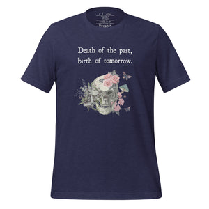 unisex heater midnight navy blue t-shirt with image design of a skull with plants, mushrooms, roses, and flowers growing out of it, with white butterflies, and image phrase "Death of the Past, Birth of Tomorrow." Front view.