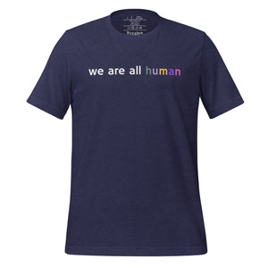 women's heather midnight navy blue t-shirt with image phrase: "we are all human."