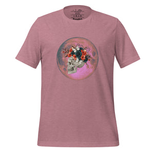 unisex heather orchid pink t-shirt, with image design: side profile of a skull wearing a crown/hat of black roses, red poppies, thorny vines, and white butterflies, with a pink-red moon behind it. Front View.