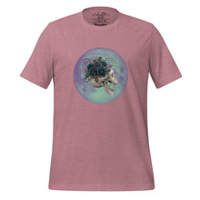 Load image into Gallery viewer, unisex heather orchid pink t-shirt, with image design: side profile of a skull wearing a crown/hat of black roses, red berries, thorny vines and leaves, with a blue-purple moon behind it. Front View.
