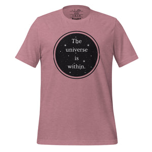 unisex heather orchid pink t-shirt, with image phrase "The universe is within," enclosed in a black circle and stars.