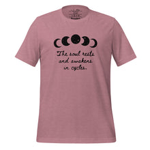 Load image into Gallery viewer, unisex heather orchid pink t-shirt, with image of black celestial moon phases, with star cut outs, and image phrase &quot;The soul rests and awakens in cycles.&quot; Front view.
