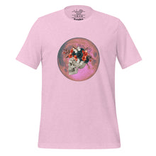 Load image into Gallery viewer, unisex heather prism lilac t-shirt, with image design: side profile of a skull wearing a crown/hat of black roses, red poppies, thorny vines, and white butterflies, with a pink-red moon behind it. Front View.
