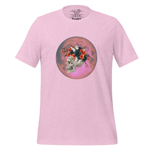 unisex heather prism lilac t-shirt, with image design: side profile of a skull wearing a crown/hat of black roses, red poppies, thorny vines, and white butterflies, with a pink-red moon behind it. Front View.