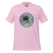 Load image into Gallery viewer, unisex heather prism lilac t-shirt, with image design: side profile of a skull wearing a crown/hat of black roses, red berries, thorny vines and leaves, with a blue-purple moon behind it. Front View.
