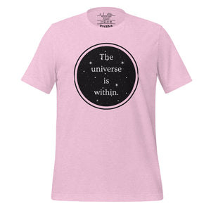 unisex heather prism lilac t-shirt, with image phrase "The universe is within," enclosed in a black circle and stars.