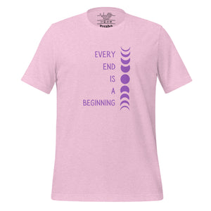 unisex heather prism lilac t-shirt with image phrase "every end is a beginning," with image design of moon phases, from new moon, to full moon, to new moon. Front view.