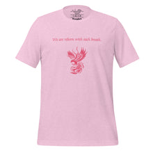 Load image into Gallery viewer, unisex heather prism lilac t-shirt, with image phrase: &quot;We are reborn with each breath,&quot; with image of red elegant phoenix. Front view.
