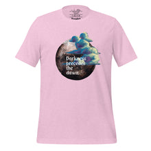 Load image into Gallery viewer, unisex heather prism lilac t-shirt with image design of a dark moon, with a colorful dawn cloud in front, with image phrase: &quot;Darkness precedes the Dawn.&quot; Front View.
