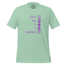 Load image into Gallery viewer, unisex heather prism mint t-shirt with image phrase &quot;every end is a beginning,&quot; with image design of moon phases, from new moon, to full moon, to new moon. Front view.
