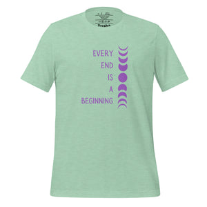 unisex heather prism mint t-shirt with image phrase "every end is a beginning," with image design of moon phases, from new moon, to full moon, to new moon. Front view.