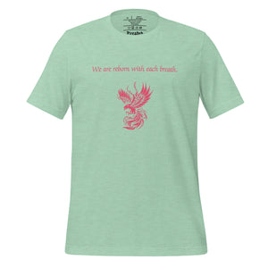 unisex heather prism mint t-shirt, with image phrase: "We are reborn with each breath," with image of red elegant phoenix. Front view.