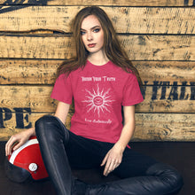 Load image into Gallery viewer, Woman modeling/wearing Unisex heather raspberry pink t-shirt with Image Design: Text &quot;Honor your truth, Live authentically,&quot; with center image of sun, eye in center of sun, moon in the eye&#39;s iris, stars all around.
