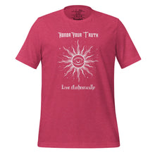 Load image into Gallery viewer, Unisex heather raspberry pink t-shirt with Image Design: Text &quot;Honor your truth, Live authentically,&quot; with center image of sun, eye in center of sun, moon in the eye&#39;s iris, stars all around.
