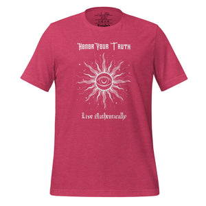 Unisex heather raspberry pink t-shirt with Image Design: Text "Honor your truth, Live authentically," with center image of sun, eye in center of sun, moon in the eye's iris, stars all around.