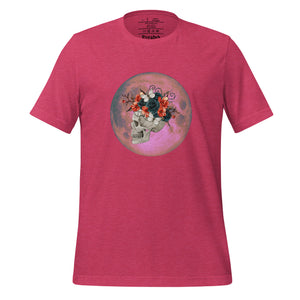 unisex heather raspberry pink t-shirt, with image design: side profile of a skull wearing a crown/hat of black roses, red poppies, thorny vines, and white butterflies, with a pink-red moon behind it. Front View.