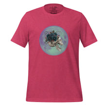 Load image into Gallery viewer, unisex heather raspberry pink t-shirt, with image design: side profile of a skull wearing a crown/hat of black roses, red berries, thorny vines and leaves, with a blue-purple moon behind it. Front View.
