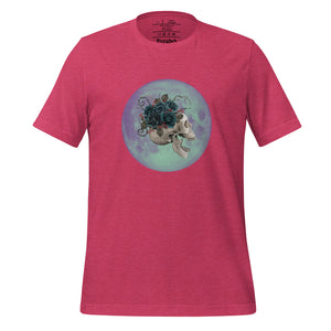 unisex heather raspberry pink t-shirt, with image design: side profile of a skull wearing a crown/hat of black roses, red berries, thorny vines and leaves, with a blue-purple moon behind it. Front View.