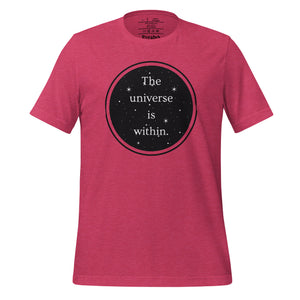 unisex heather raspberry pink t-shirt, with image phrase "The universe is within," enclosed in a black circle and stars.