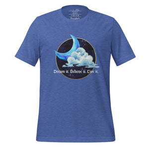 unisex heather  true royal blue t-shirt with image phrase: "Dream it. Believe it. Live it." Set on top of a circle of a night sky, moon crescent, cloud. Front view.