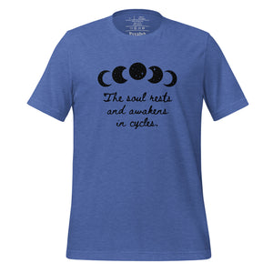 unisex heather true royal blue t-shirt, with image of black celestial moon phases, with star cut outs, and image phrase "The soul rests and awakens in cycles." Front view.