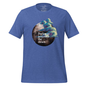 unisex heather true royal t-shirt with image design of a dark moon, with a colorful dawn cloud in front, with image phrase: "Darkness precedes the Dawn." Front View.