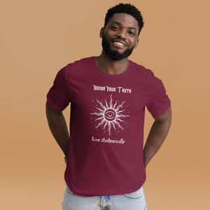 Man modeling/wearing Unisex maroon t-shirt with Image Design: Text "Honor your truth, Live authentically," with center image of sun, eye in center of sun, moon in the eye's iris, stars all around.