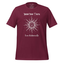 Load image into Gallery viewer, Unisex maroon t-shirt with Image Design: Text &quot;Honor your truth, Live authentically,&quot; with center image of sun, eye in center of sun, moon in the eye&#39;s iris, stars all around.
