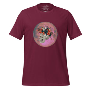 unisex maroon t-shirt, with image design: side profile of a skull wearing a crown/hat of black roses, red poppies, thorny vines, and white butterflies, with a pink-red moon behind it. Front View.