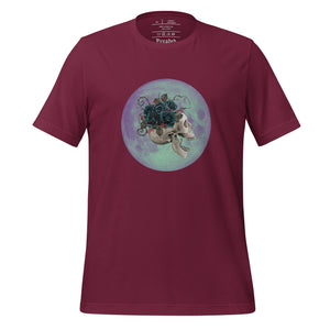 unisex maroon t-shirt, with image design: side profile of a skull wearing a crown/hat of black roses, red berries, thorny vines and leaves, with a blue-purple moon behind it. Front View.