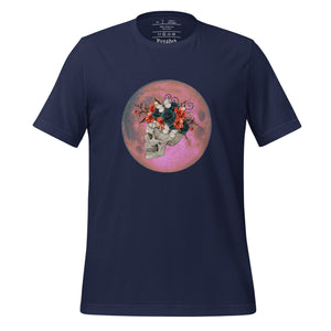 unisex navy blue t-shirt, with image design: side profile of a skull wearing a crown/hat of black roses, red poppies, thorny vines, and white butterflies, with a pink-red moon behind it. Front View.