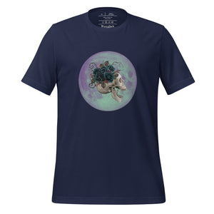 unisex navy blue t-shirt, with image design: side profile of a skull wearing a crown/hat of black roses, red berries, thorny vines and leaves, with a blue-purple moon behind it. Front View.