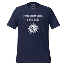 Load image into Gallery viewer, unisex navy blue t-shirt, with image phrase &quot;Every Ending Births a New Dawn, with image graphic of a tribal sun, with a crescent moon and star within the sun.
