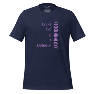 unisex navy blue t-shirt with image phrase "every end is a beginning," with image design of moon phases, from new moon, to full moon, to new moon. Front view.