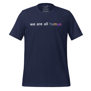 women's navy blue t-shirt with image phrase: "we are all human."