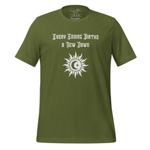 Load image into Gallery viewer, unisex olive green t-shirt, with image phrase &quot;Every Ending Births a New Dawn, with image graphic of a tribal sun, with a crescent moon and star within the sun.
