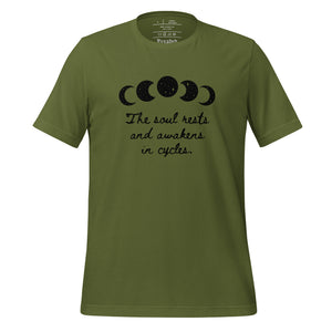 unisex olive green t-shirt, with image of black celestial moon phases, with star cut outs, and image phrase "The soul rests and awakens in cycles." Front view.