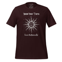 Load image into Gallery viewer, Unisex Oxblood Black t-shirt with Image Design: Text &quot;Honor your truth, Live authentically,&quot; with center image of sun, eye in center of sun, moon in the eye&#39;s iris, stars all around.
