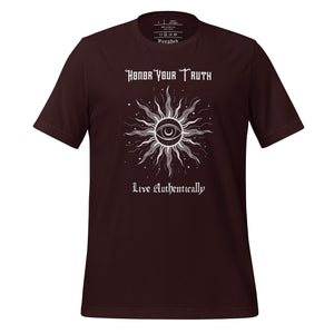 Unisex Oxblood Black t-shirt with Image Design: Text "Honor your truth, Live authentically," with center image of sun, eye in center of sun, moon in the eye's iris, stars all around.